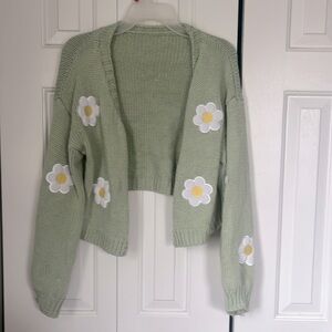 Green knit with daisies crop cardigan